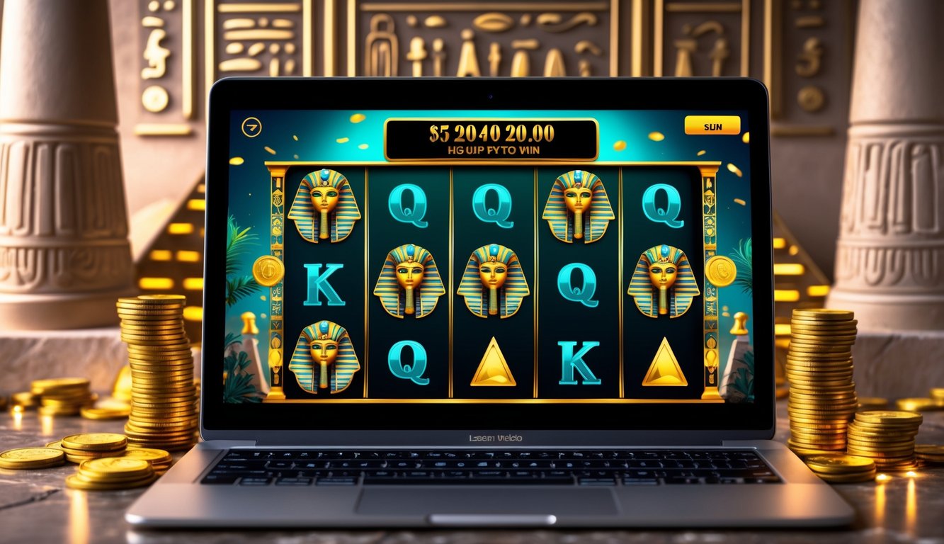Layar perangkat menampilkan permainan slot online bertema Mesir kuno dengan simbol seperti scarab emas, topeng firaun, dan piramida.