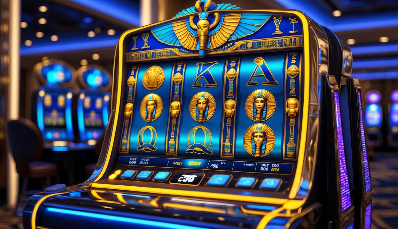 Mesin slot bertema Mesir kuno yang berwarna-warni dan modern di dalam kasino dengan lampu menyala dan latar belakang gelap.