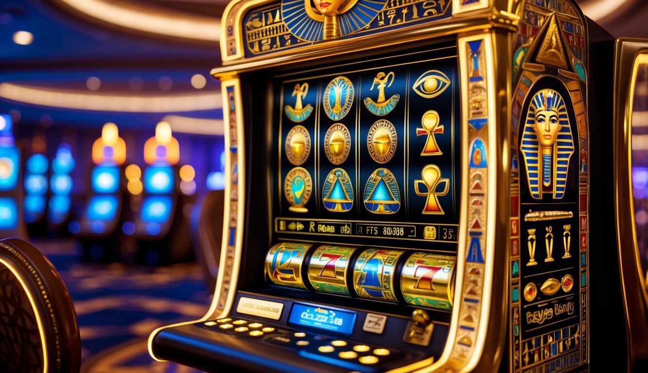 Mesin slot dengan tema Mesir kuno di dalam kasino mewah, menampilkan simbol-simbol seperti scarab emas, piramida, dan hieroglif.