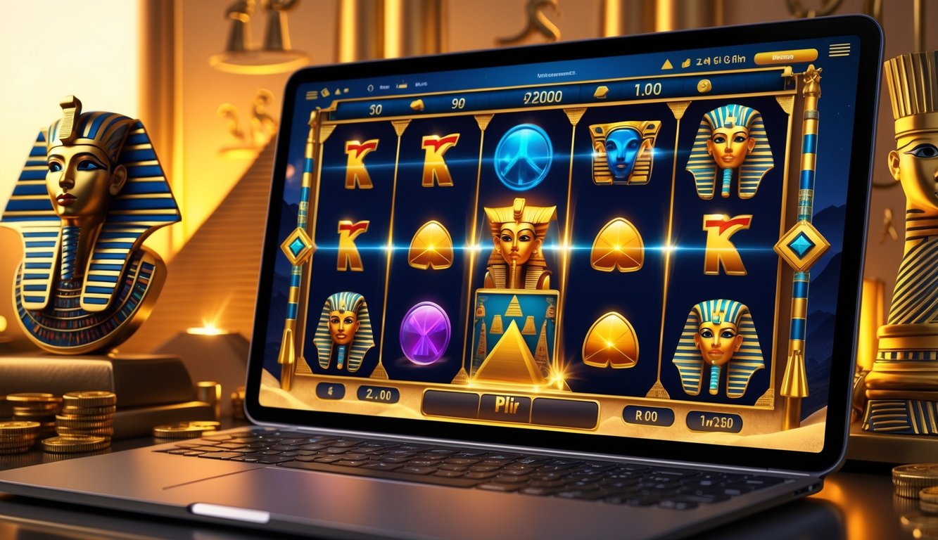 Layar komputer menampilkan mesin slot bertema Mesir kuno dengan simbol seperti scarab emas, topeng firaun, dan piramida.