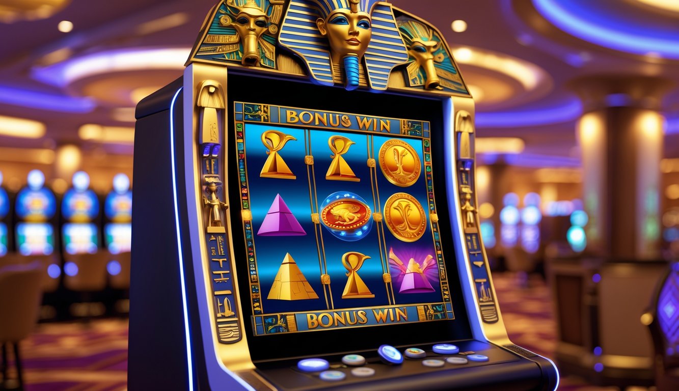 Mesin slot bertema Mesir kuno di dalam kasino dengan dekorasi emas dan simbol-simbol Mesir, menunjukkan suasana kemenangan besar.