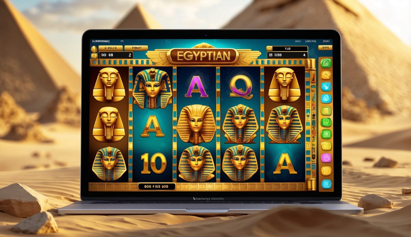 Layar perangkat menampilkan permainan slot online dengan tema Mesir kuno, menampilkan simbol seperti scarab emas, topeng firaun, dan piramida.