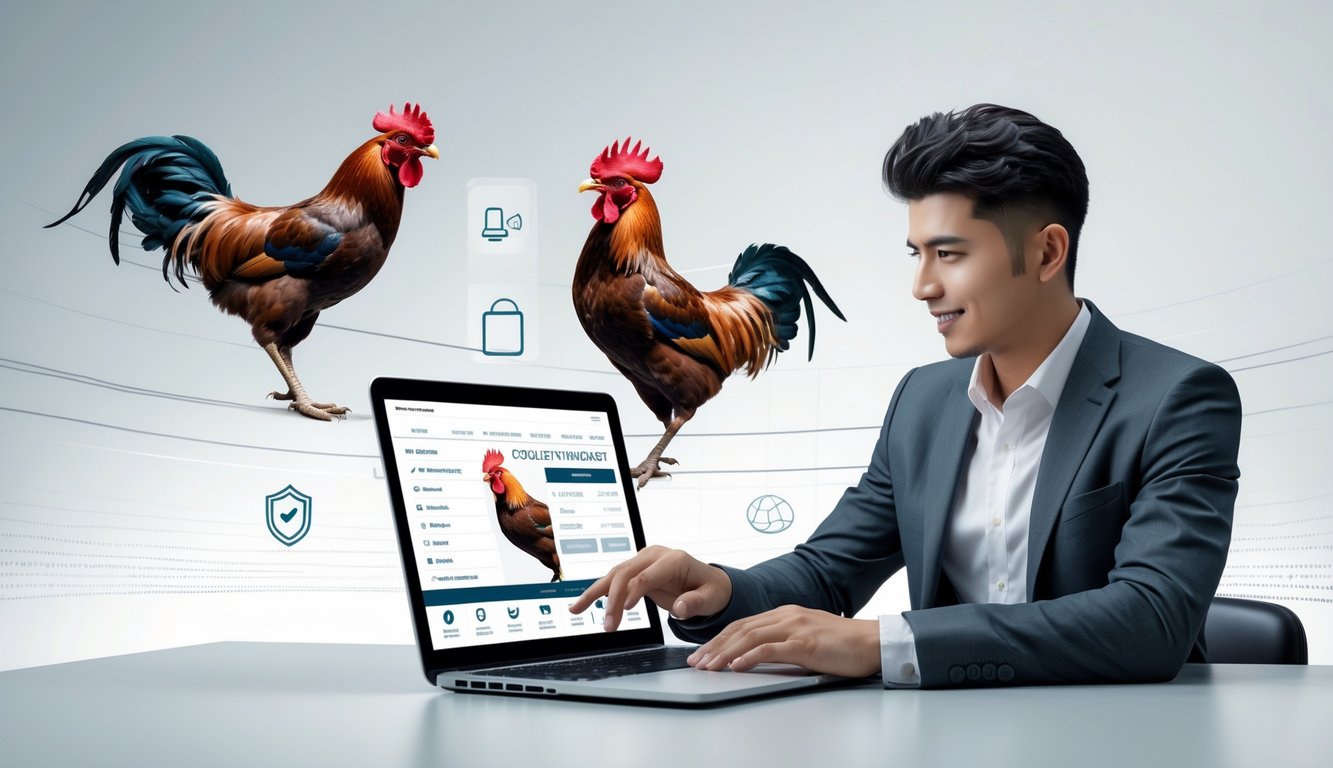 Seorang pria muda di depan laptop di ruang kerja modern yang menunjukkan aktivitas taruhan online sabung ayam dengan suasana profesional dan terpercaya.