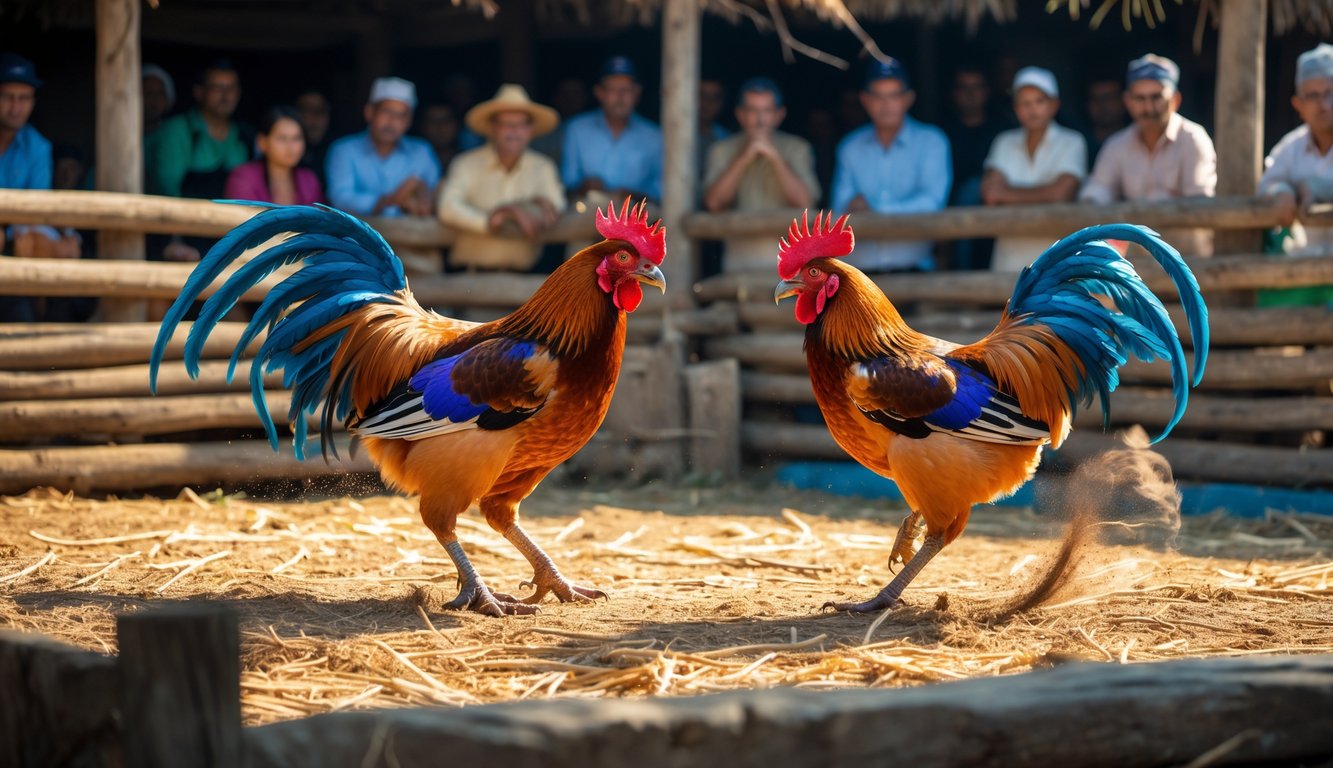 Dua ayam jago sedang bertarung di arena kayu dengan penonton di latar belakang.