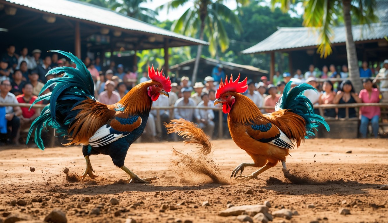 Suasana pertandingan sabung ayam tradisional dengan dua ayam jago sedang bertarung di depan penonton yang antusias di luar ruangan.