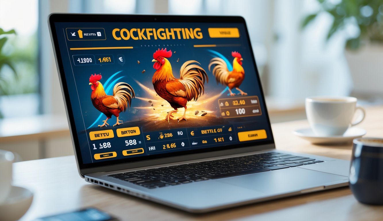 Seseorang menggunakan laptop atau ponsel untuk memasang taruhan sabung ayam secara online di lingkungan rumah atau kantor yang rapi.