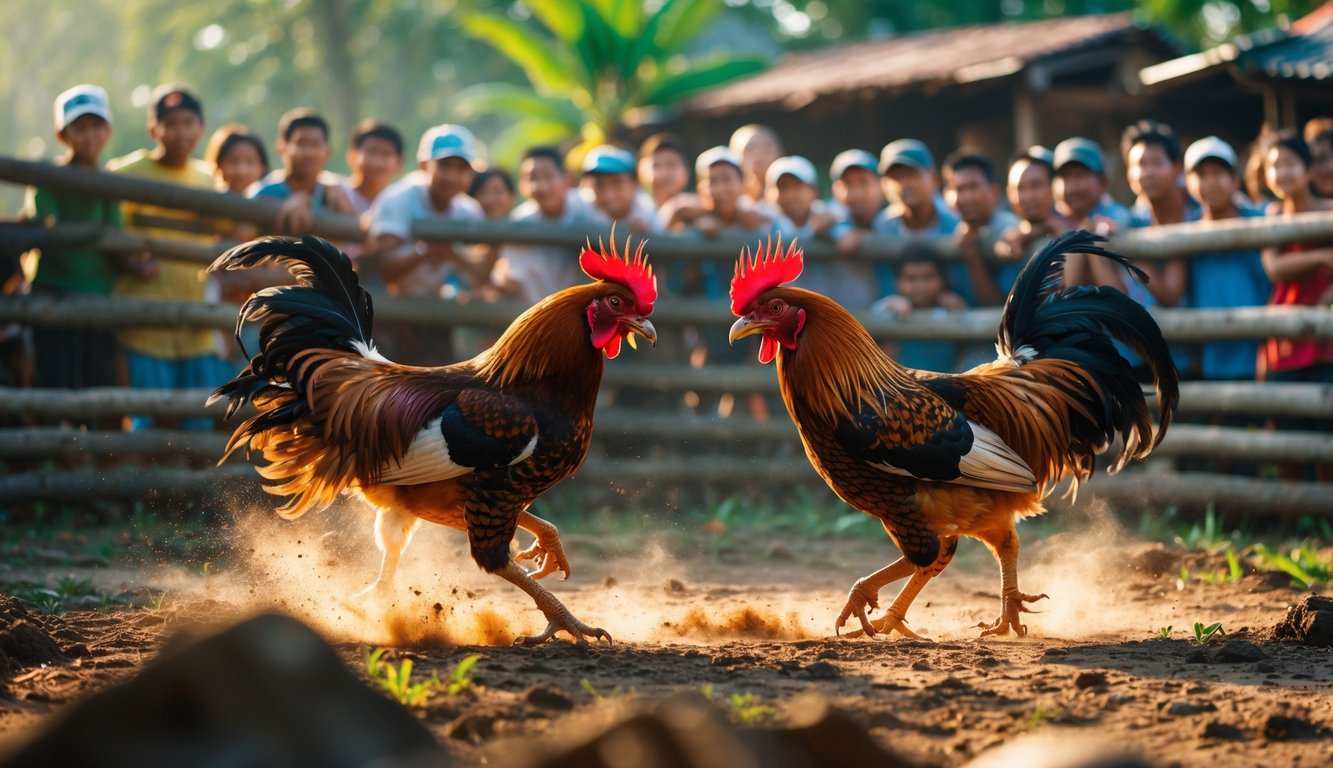 Dua ayam jago sedang bertarung di depan kerumunan orang yang antusias di sebuah arena tradisional.