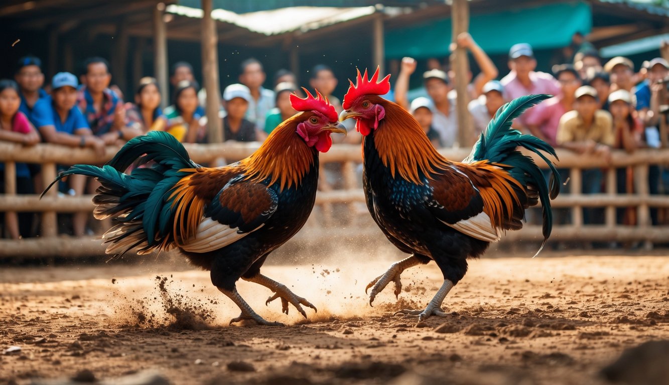 Suasana arena sabung ayam dengan dua ayam jago sedang bertarung dan penonton yang antusias mengamati.