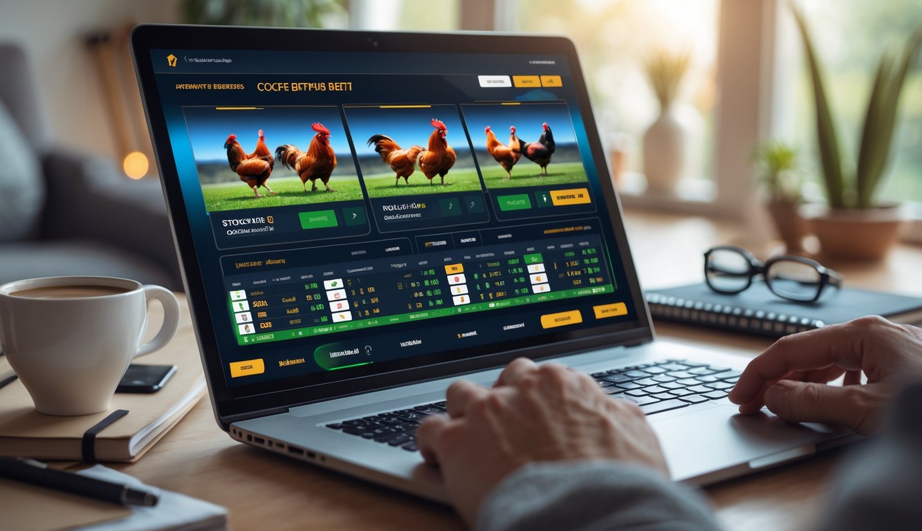 Seorang pengguna sedang menggunakan laptop untuk memasang taruhan sabung ayam secara online di ruang kerja yang nyaman.