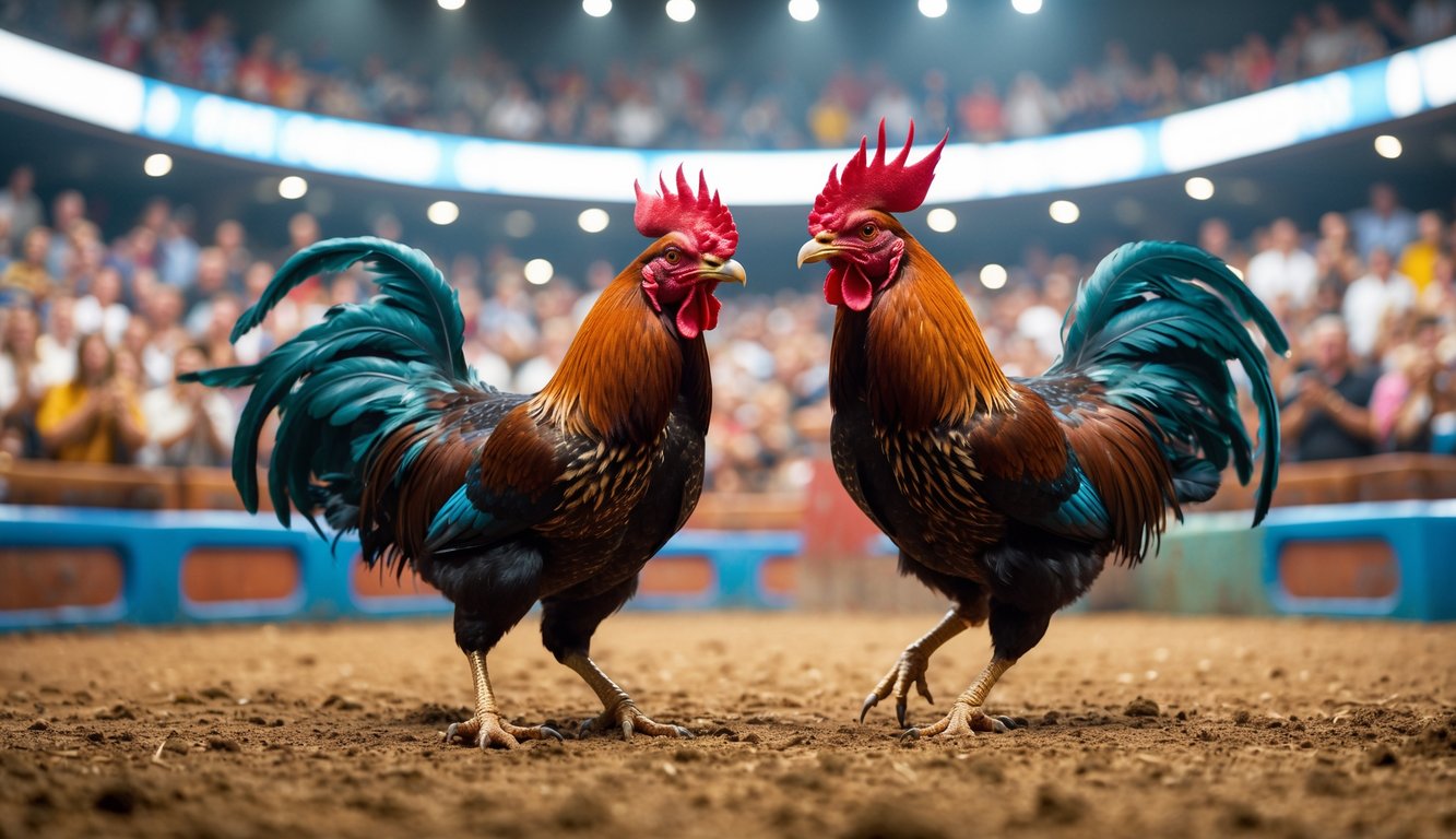 Dua ayam aduan sedang bertarung di arena dengan penonton yang antusias di sekitarnya.