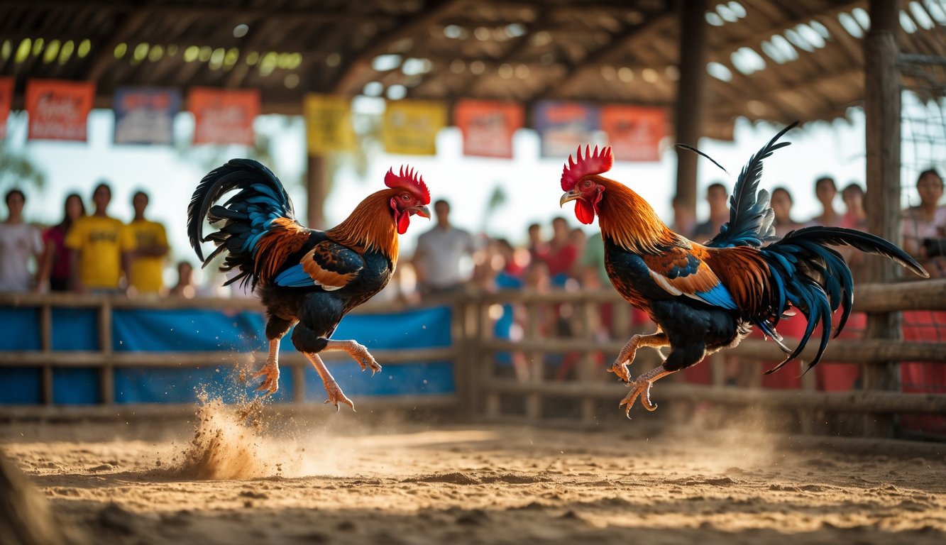 Dua ayam jago sedang bertarung di arena dengan penonton di latar belakang.