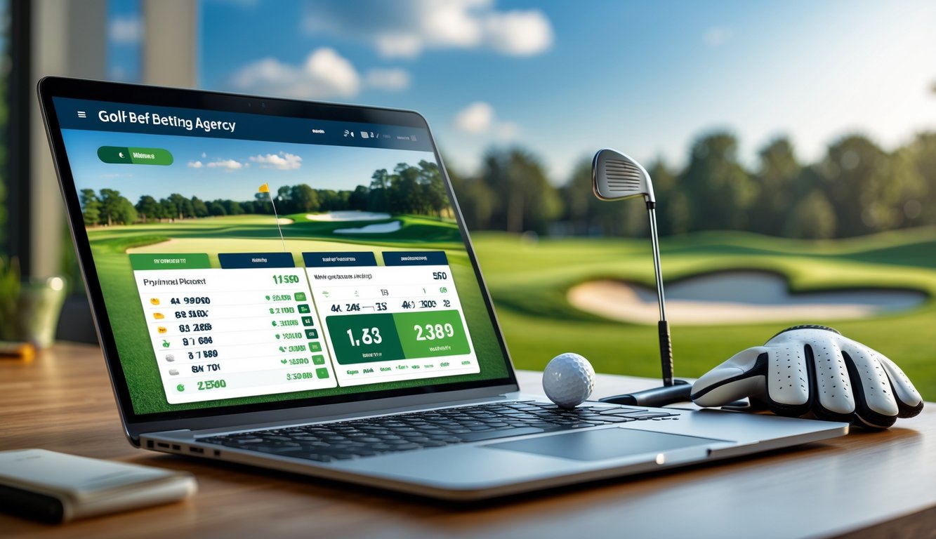Meja kerja dengan laptop yang menampilkan statistik golf dan aksesori golf seperti bola dan sarung tangan, latar belakang lapangan golf hijau.