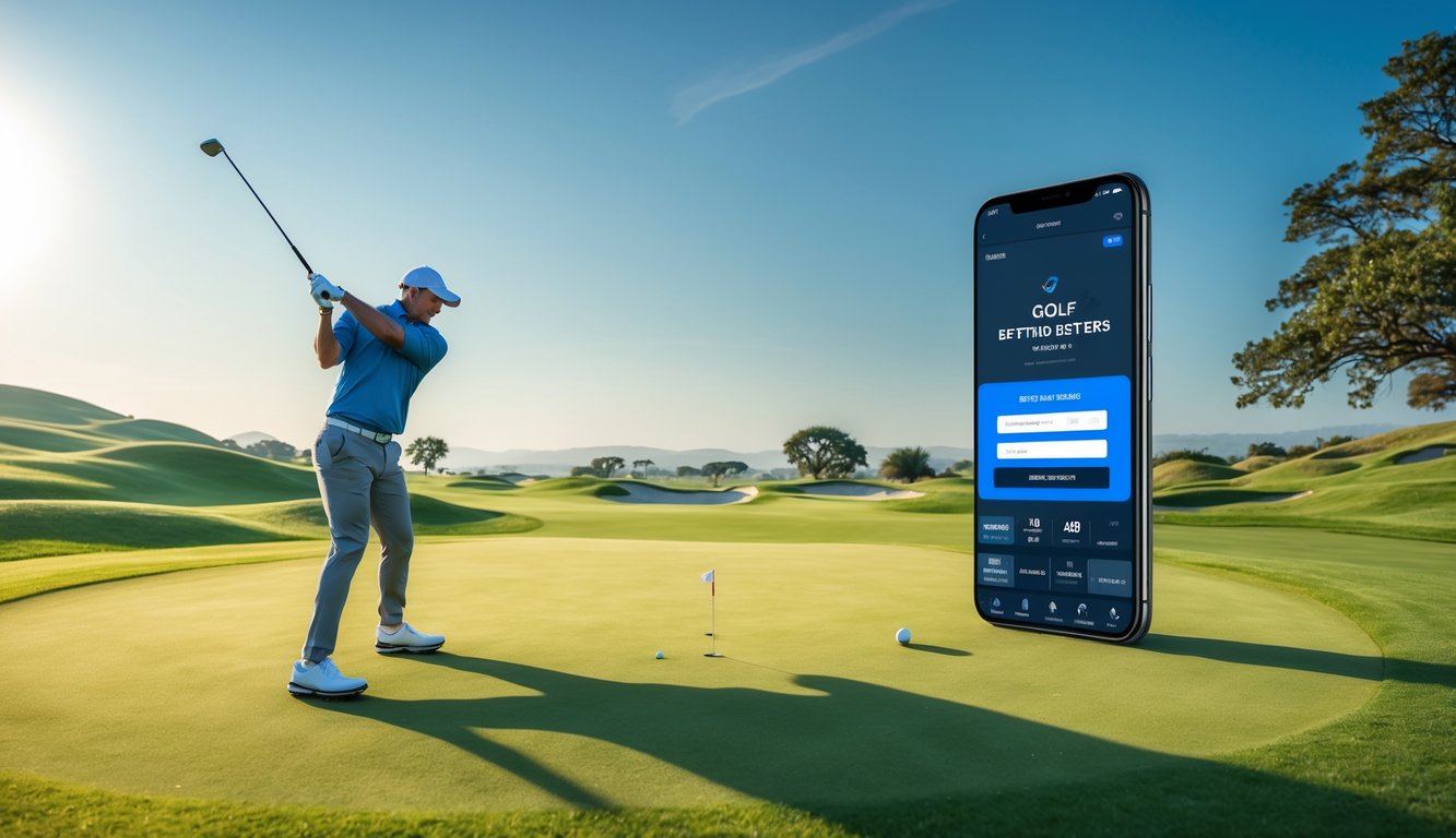 Seorang pemain golf sedang bersiap memukul bola di lapangan golf yang hijau dengan pemandangan langit cerah dan perbukitan di latar belakang.