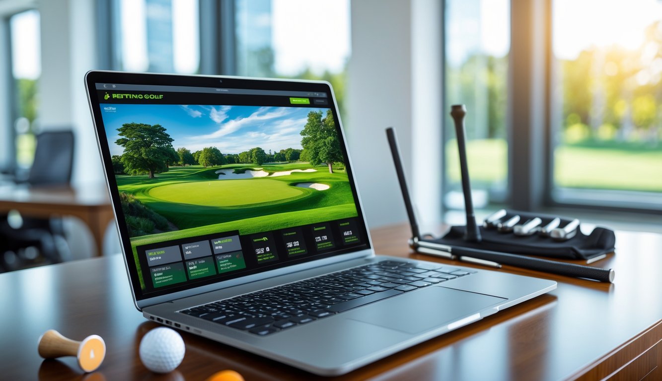 Meja dengan laptop yang menampilkan lapangan golf, bola golf, tee golf, dan stik golf di ruangan kantor yang terang.