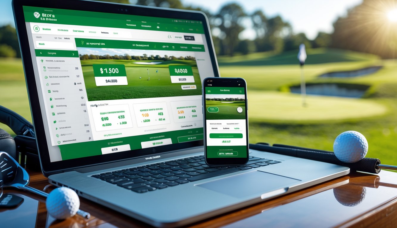 Seorang laptop dan ponsel di atas meja dengan perlengkapan golf di latar belakang lapangan golf yang hijau.