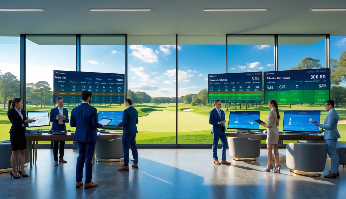 Suasana kantor agen taruhan golf modern dengan beberapa orang sedang menggunakan perangkat digital dan layar besar menampilkan data turnamen golf.
