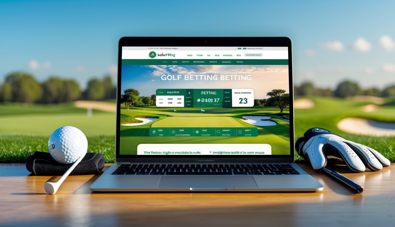 Sebuah laptop di atas meja dengan tampilan situs taruhan golf online, dikelilingi oleh bola golf dan perlengkapan golf, dengan latar belakang lapangan golf hijau.