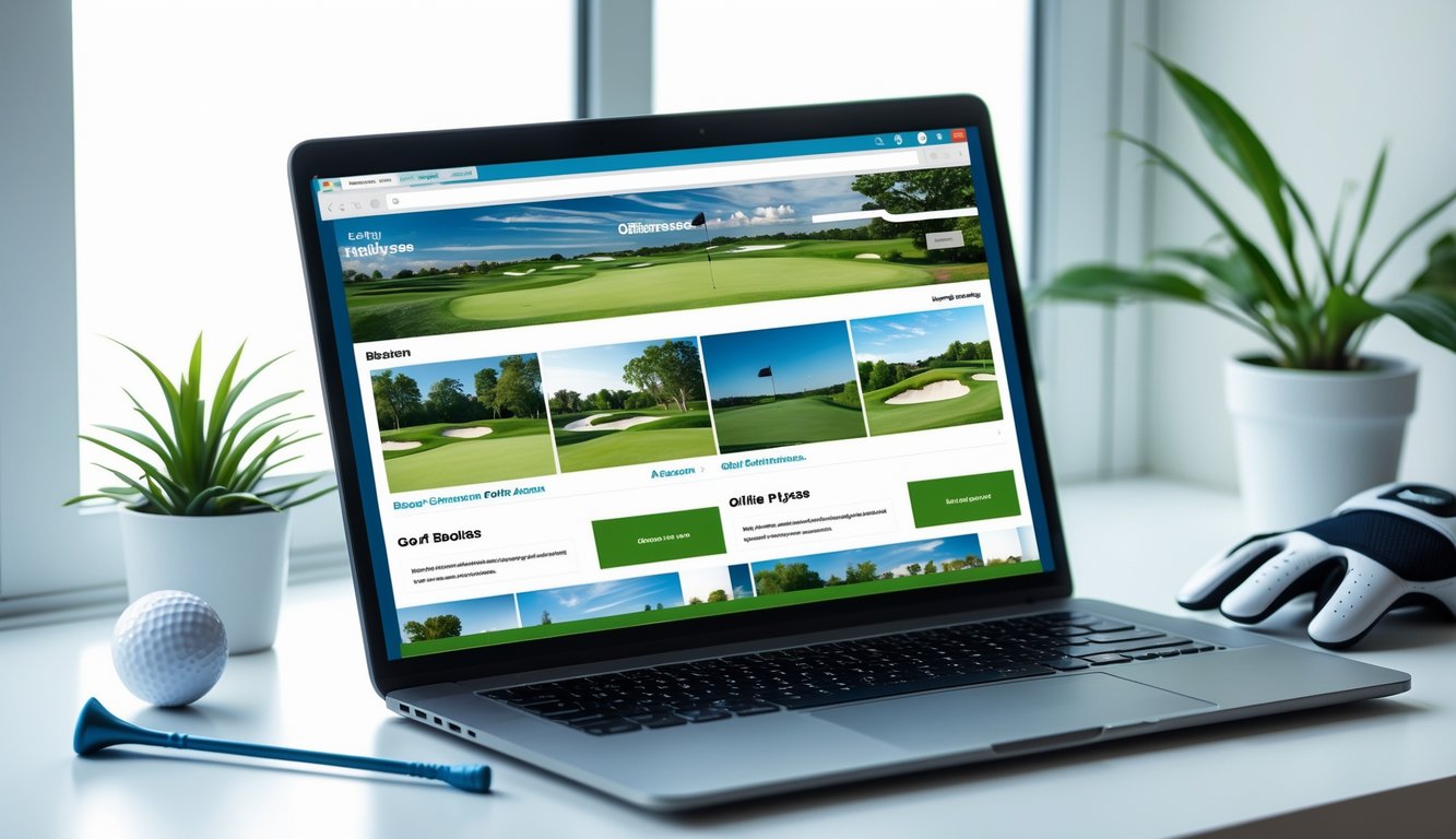 Seorang profesional bekerja di depan laptop dengan alat golf di meja, menggambarkan layanan pemesanan golf online yang akurat.