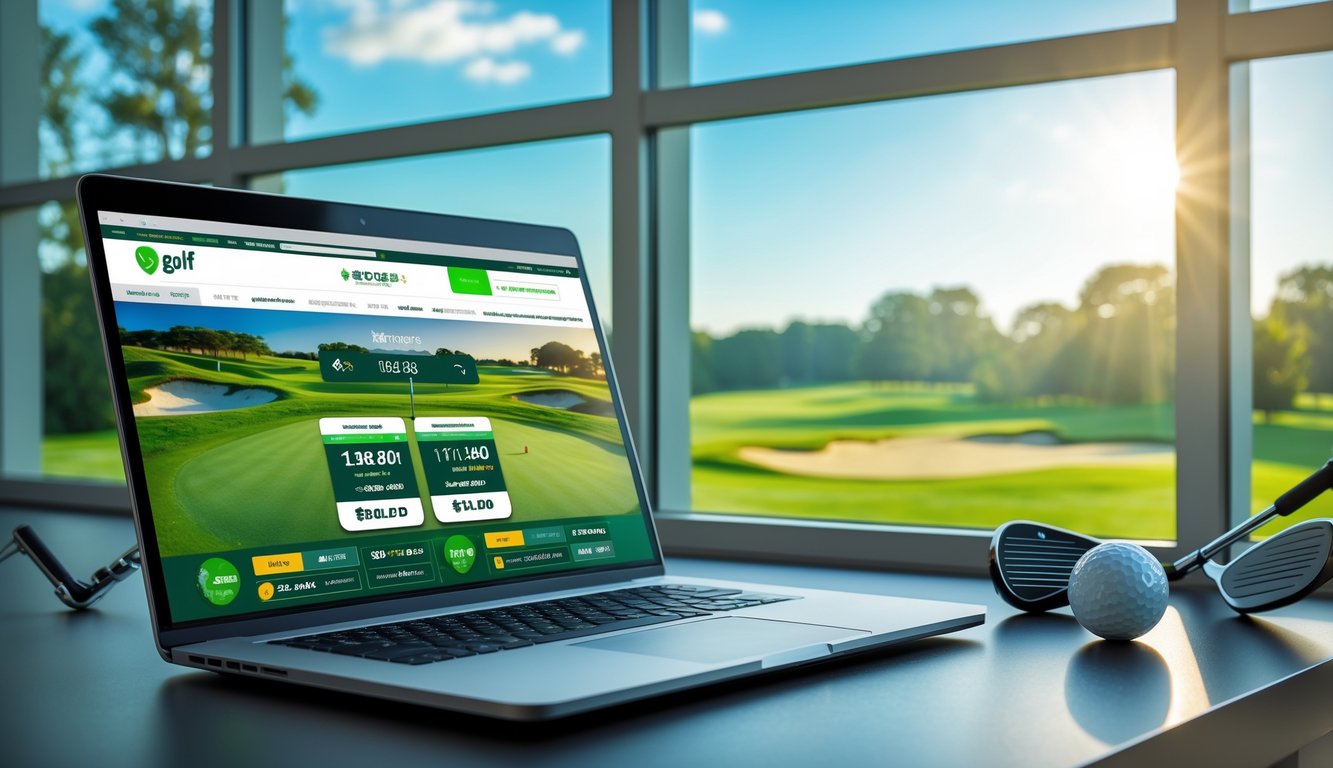 Seorang pria menggunakan laptop di meja dengan latar belakang lapangan golf yang cerah dan peralatan golf di sampingnya.