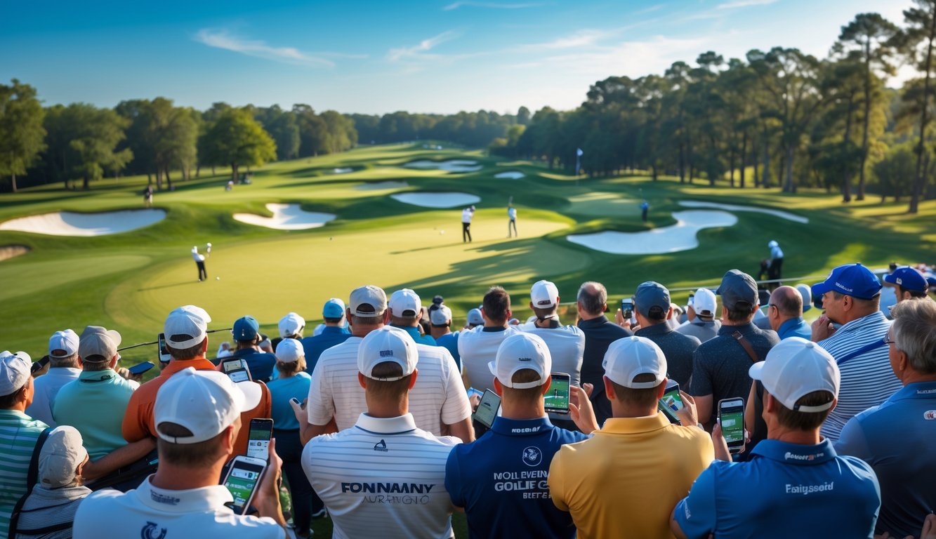 Sekelompok orang menonton pertandingan golf di lapangan hijau dengan langit cerah, beberapa memegang tiket taruhan dan menggunakan perangkat seluler.