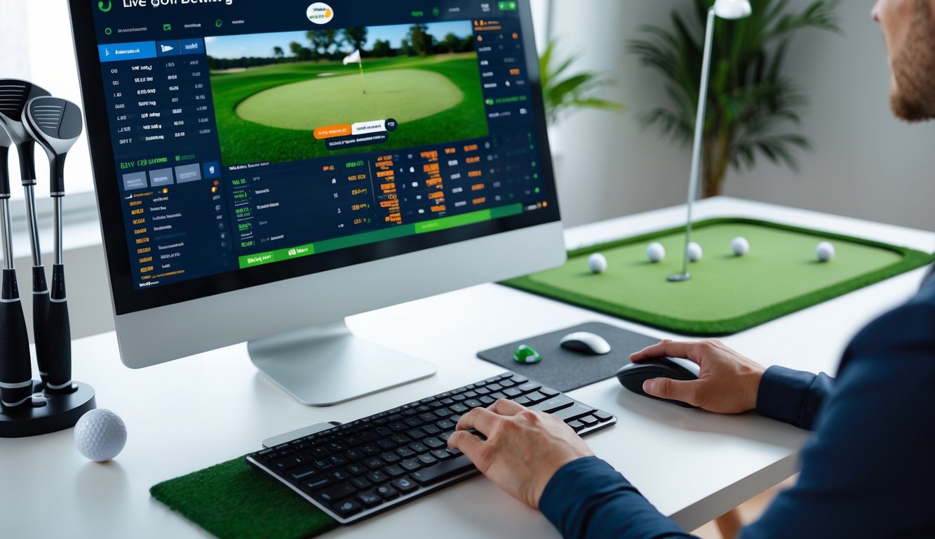 Seseorang menggunakan komputer di meja kerja dengan tampilan turnamen golf langsung dan statistik taruhan, dengan dekorasi bertema golf di latar belakang.