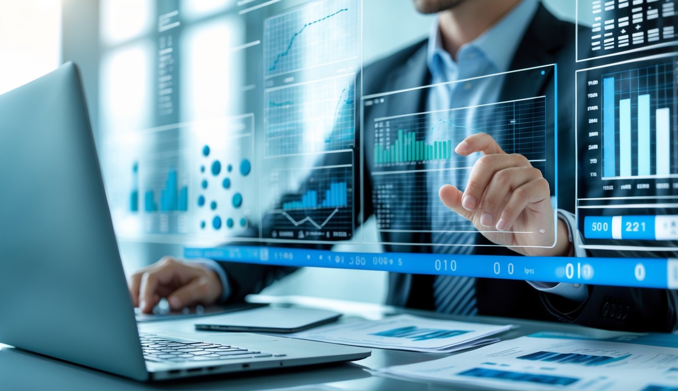 Seorang profesional menganalisis data angka di layar digital dalam ruang kantor modern yang rapi dan terang.