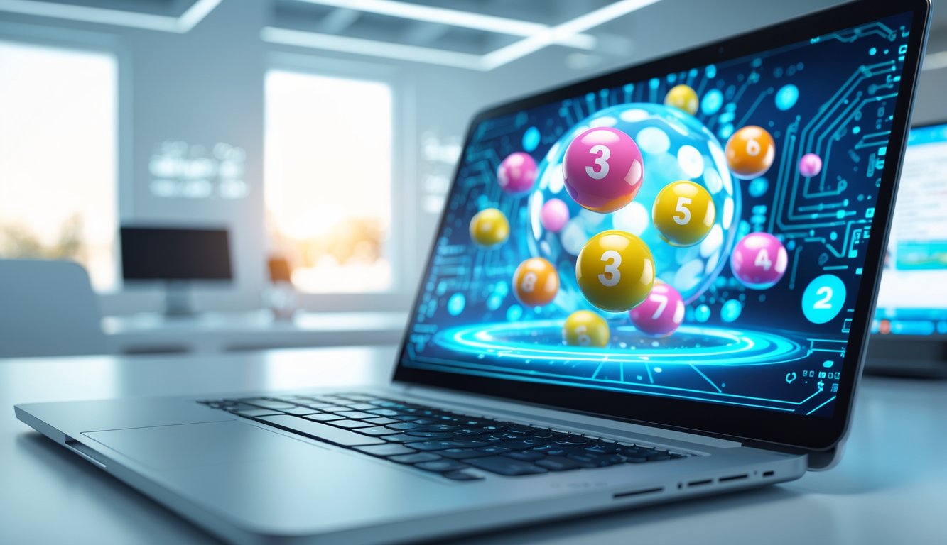 Tampilan komputer modern dengan bola togel 3D berwarna-warni di layar dalam suasana ruang kerja yang terang dan rapi.