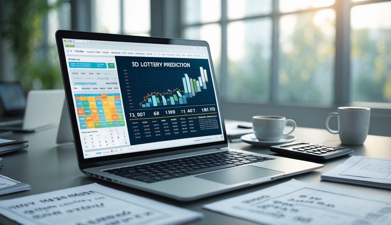 Meja kerja dengan laptop yang menampilkan data angka dan grafik, kertas catatan, kalkulator, dan secangkir kopi di ruangan kantor yang terang.