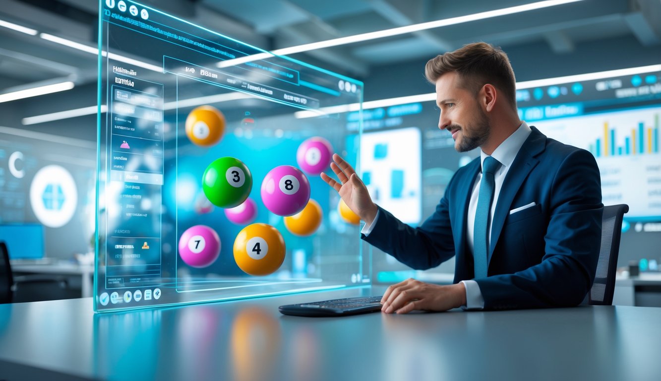 Seorang profesional sedang berinteraksi dengan layar digital yang menampilkan bola lotere 3D dalam suasana kantor modern.