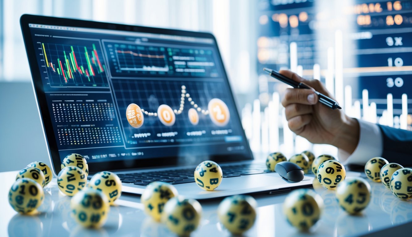 Meja kerja modern dengan laptop menampilkan grafik data dan bola lotere bernomor, tangan seseorang menunjuk layar, menggambarkan prediksi togel 3D yang akurat.