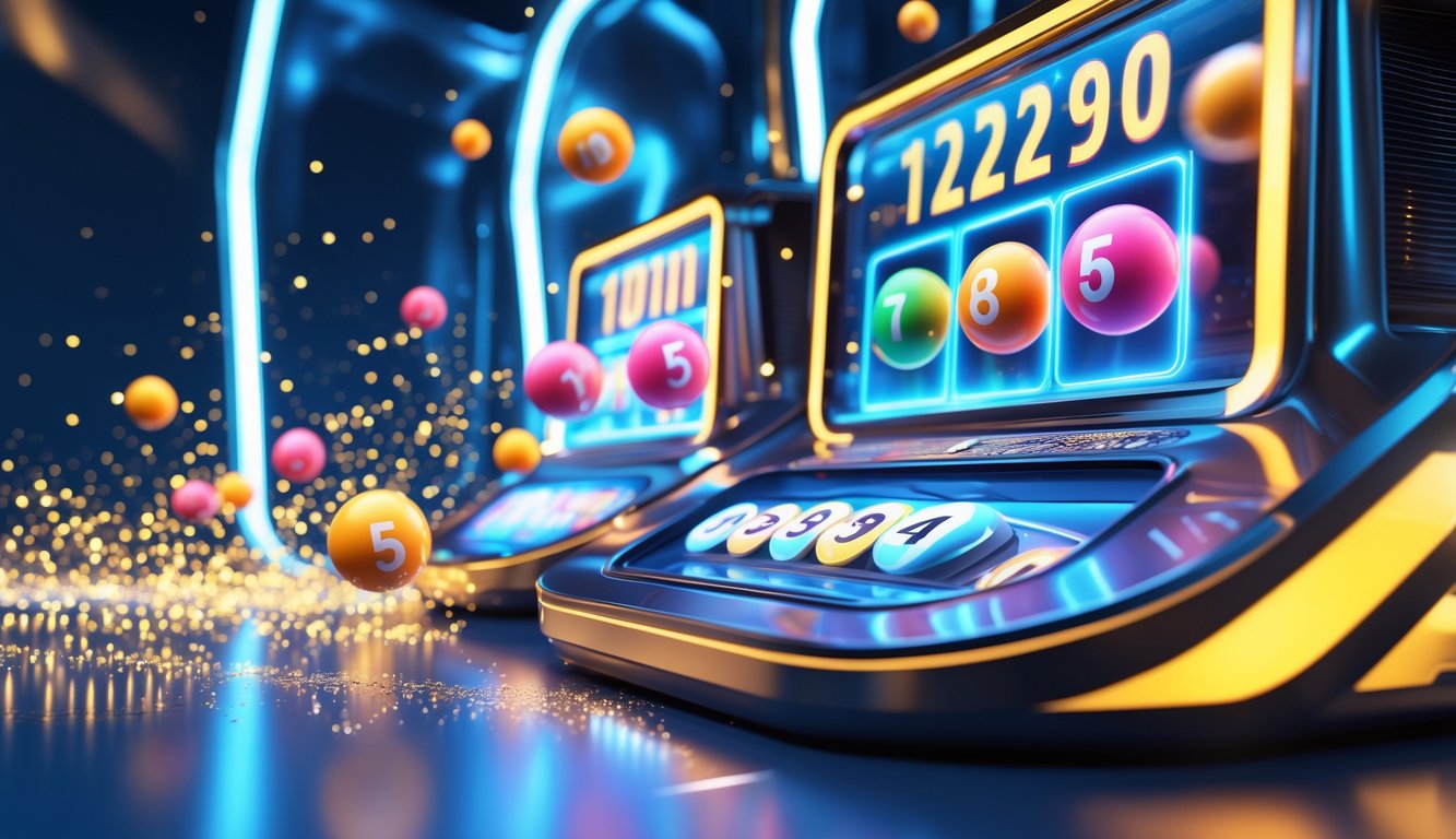 Mesin lotere digital 3D dengan bola lotere berwarna-warni melayang di udara dan latar belakang modern yang cerah.