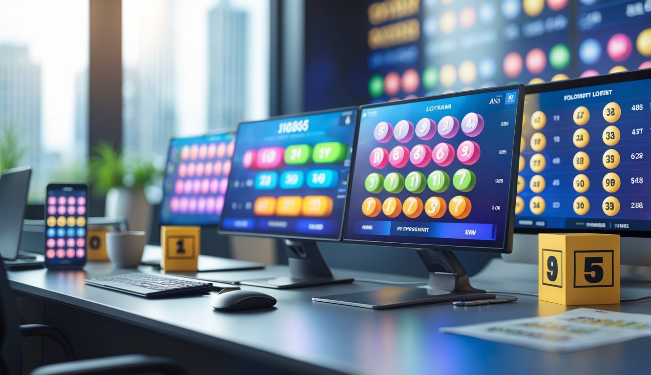 Sebuah meja kantor modern dengan layar digital menampilkan angka lotere 3D berwarna-warni dan perangkat teknologi di sekitarnya.