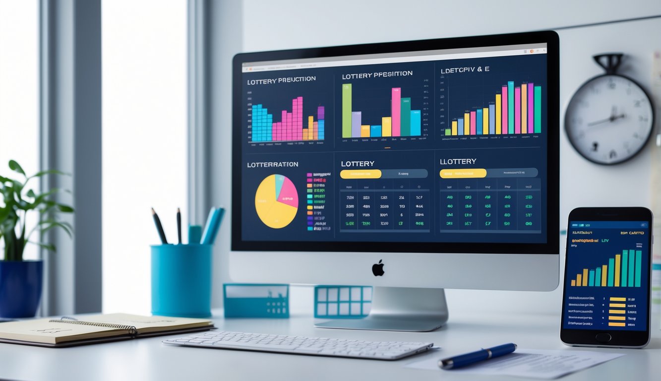 Sebuah ruang kerja modern dengan komputer menampilkan grafik dan data angka terkait prediksi togel, dilengkapi dengan buku catatan dan smartphone di meja.
