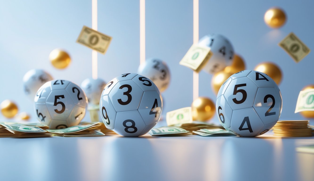 Beberapa bola atau kubus angka 3D berwarna cerah yang melayang di latar belakang terang dengan elemen uang yang samar, menggambarkan konsep togel dengan pembayaran tinggi.