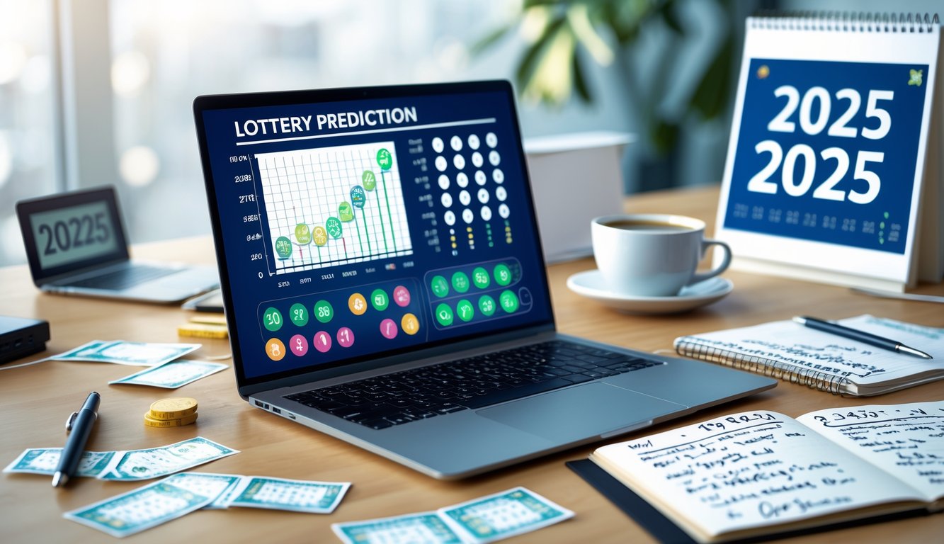 Meja kerja dengan laptop, tiket lotre, buku catatan, dan kalender tahun 2025.