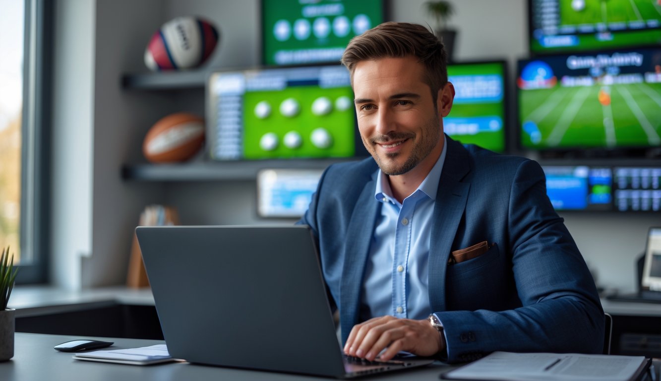 Seorang pria percaya diri di kantor modern sedang melihat layar laptop dengan statistik dan peluang taruhan rugby.