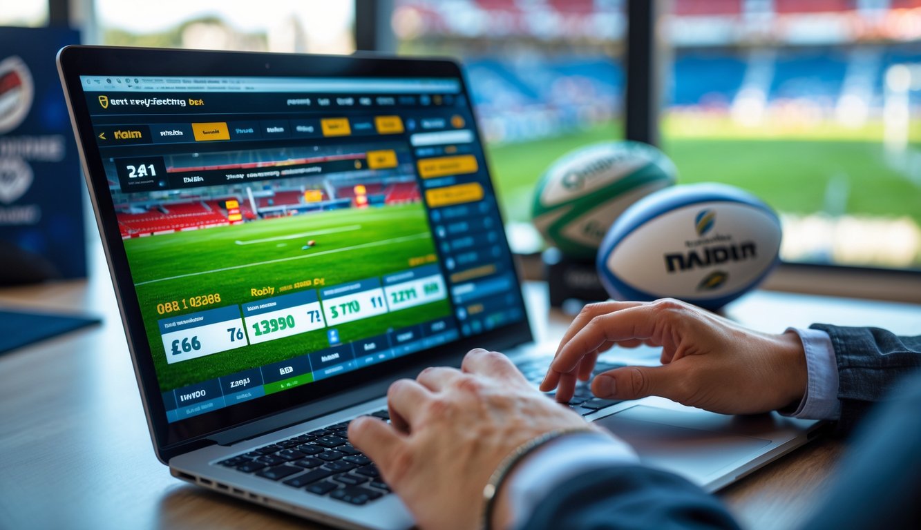 Seseorang menggunakan laptop dengan tampilan situs taruhan rugby online, dengan bola rugby dan stadion di latar belakang.