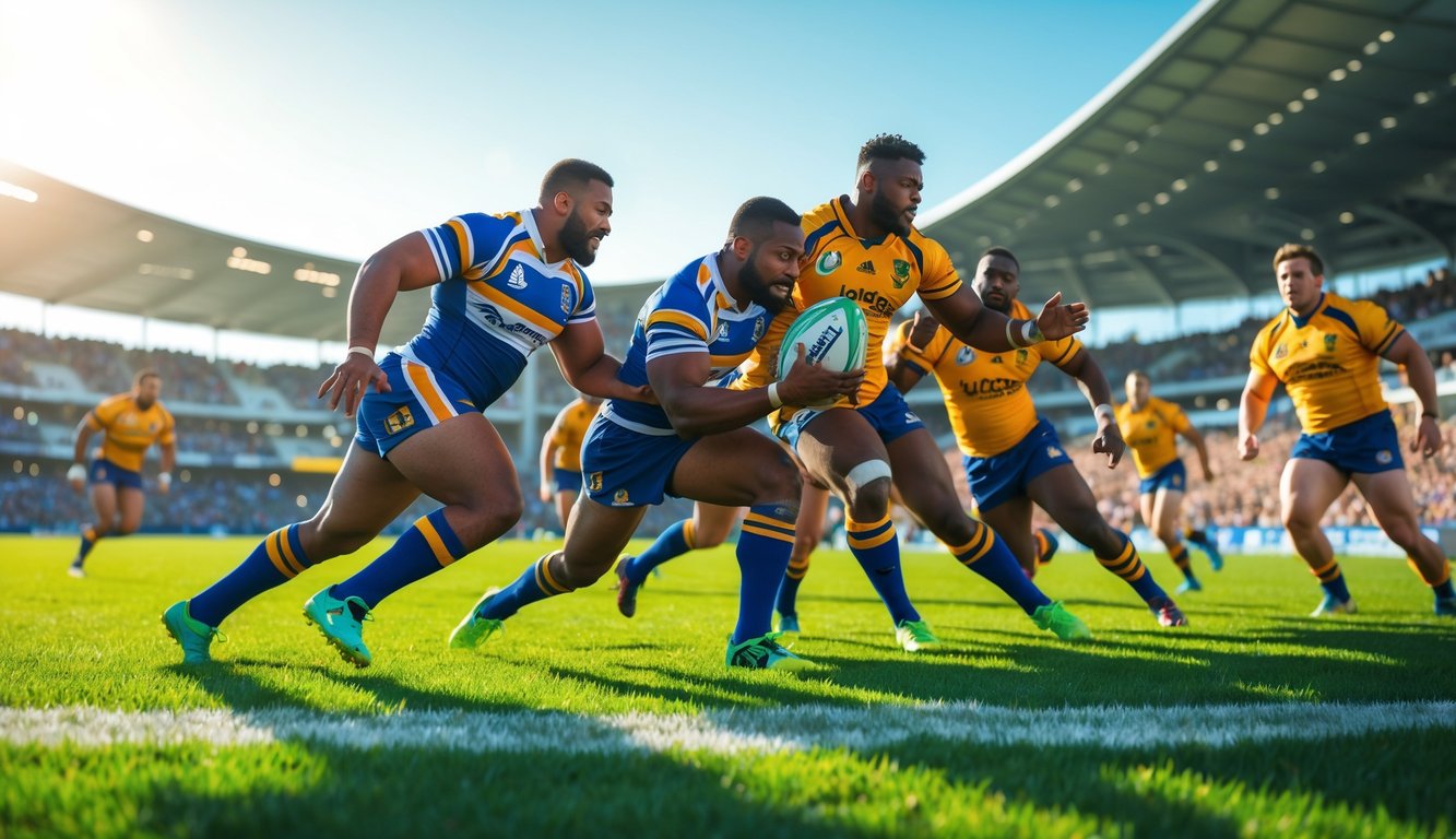 Pertandingan rugby yang intens dengan pemain beraksi di lapangan hijau dan penonton di stadion.