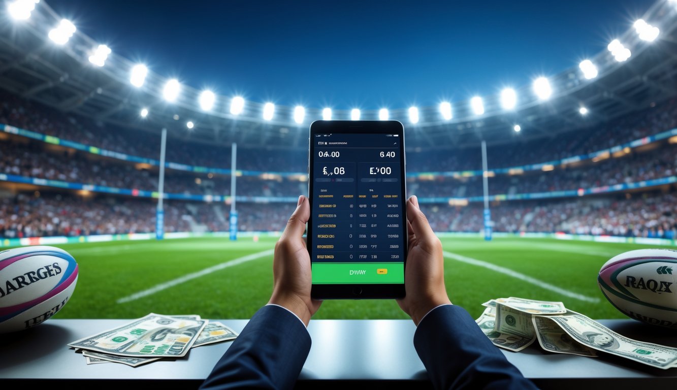 Seorang pria sedang memasang taruhan rugby dengan latar belakang stadion rugby yang ramai dan pencahayaan terang.