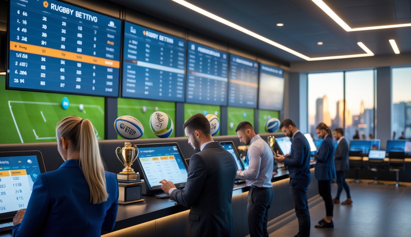 Suasana kantor taruhan rugby resmi dengan orang-orang yang sedang memasang taruhan di layar digital dan perangkat mobile.