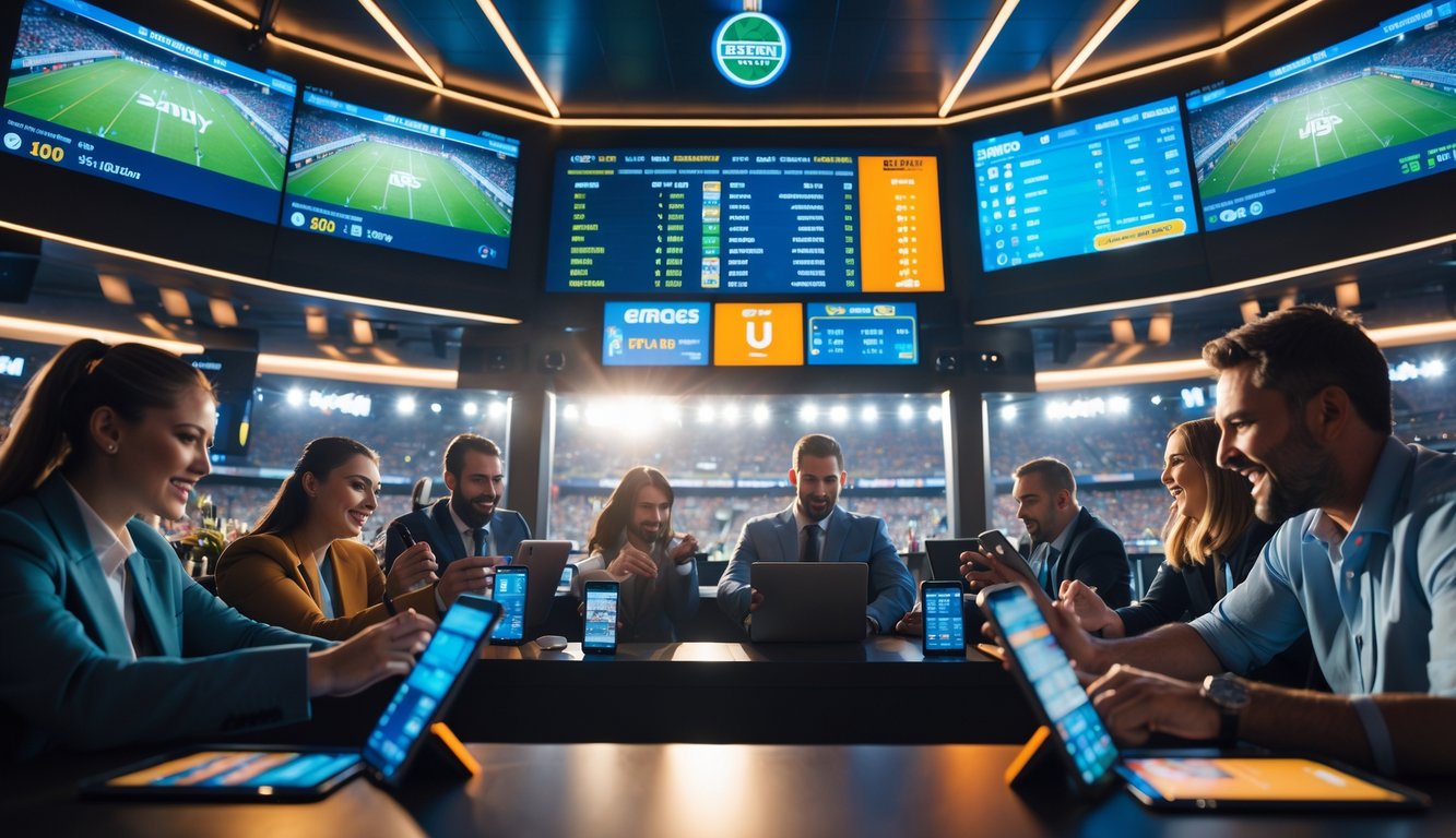 Orang-orang sedang memasang taruhan pada pertandingan rugby di lingkungan taruhan olahraga yang modern dengan layar digital dan suasana penuh semangat.