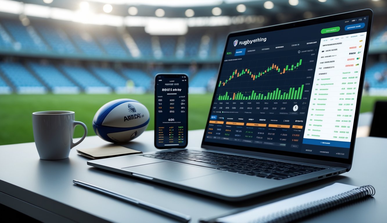 Seorang pria menggunakan laptop dengan tampilan platform taruhan rugby online di meja kerja modern.