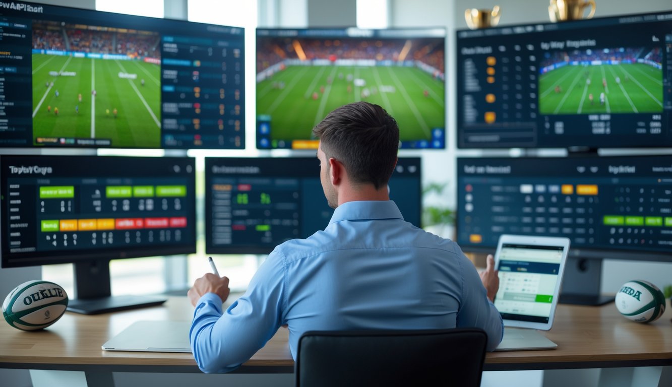 Seorang analis olahraga sedang mempelajari data pertandingan rugby di sebuah kantor modern dengan beberapa layar besar dan perlengkapan kerja.