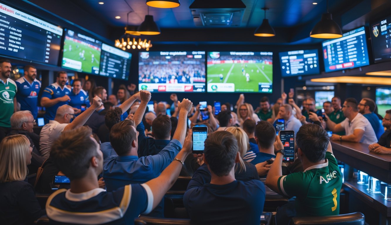 Orang-orang di bar menonton pertandingan rugby secara langsung sambil memasang taruhan menggunakan ponsel.