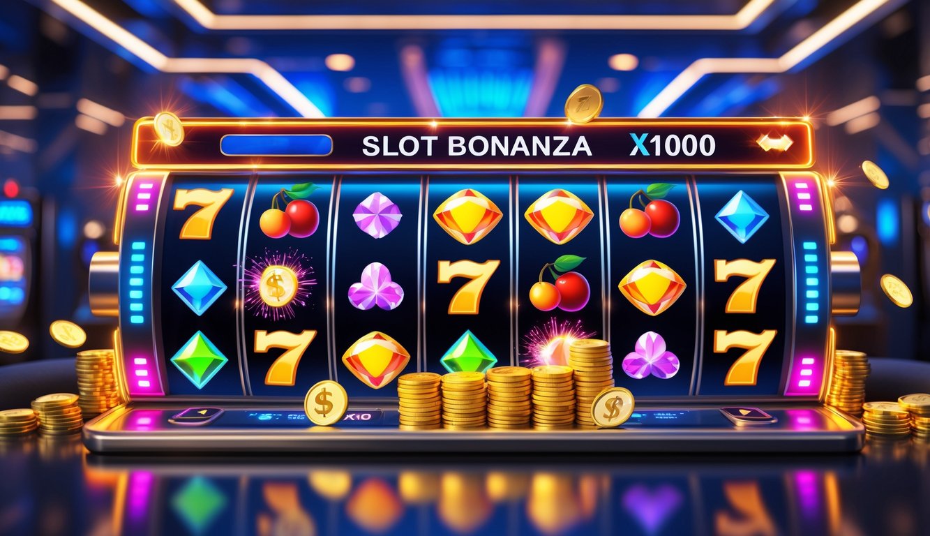 Layar mesin slot digital dengan simbol warna-warni dan koin yang berjatuhan di latar belakang kasino modern.
