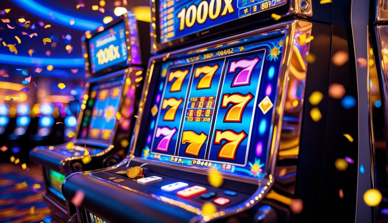 Mesin slot modern dengan simbol kemenangan dan lampu berwarna cerah di dalam kasino yang ramai.