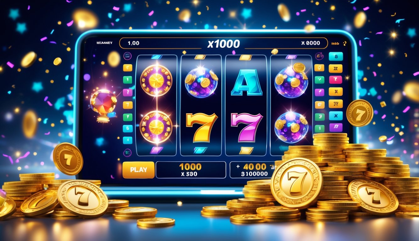 Layar perangkat menampilkan permainan mesin slot online dengan simbol warna-warni dan koin emas yang melimpah, menggambarkan kemenangan besar.