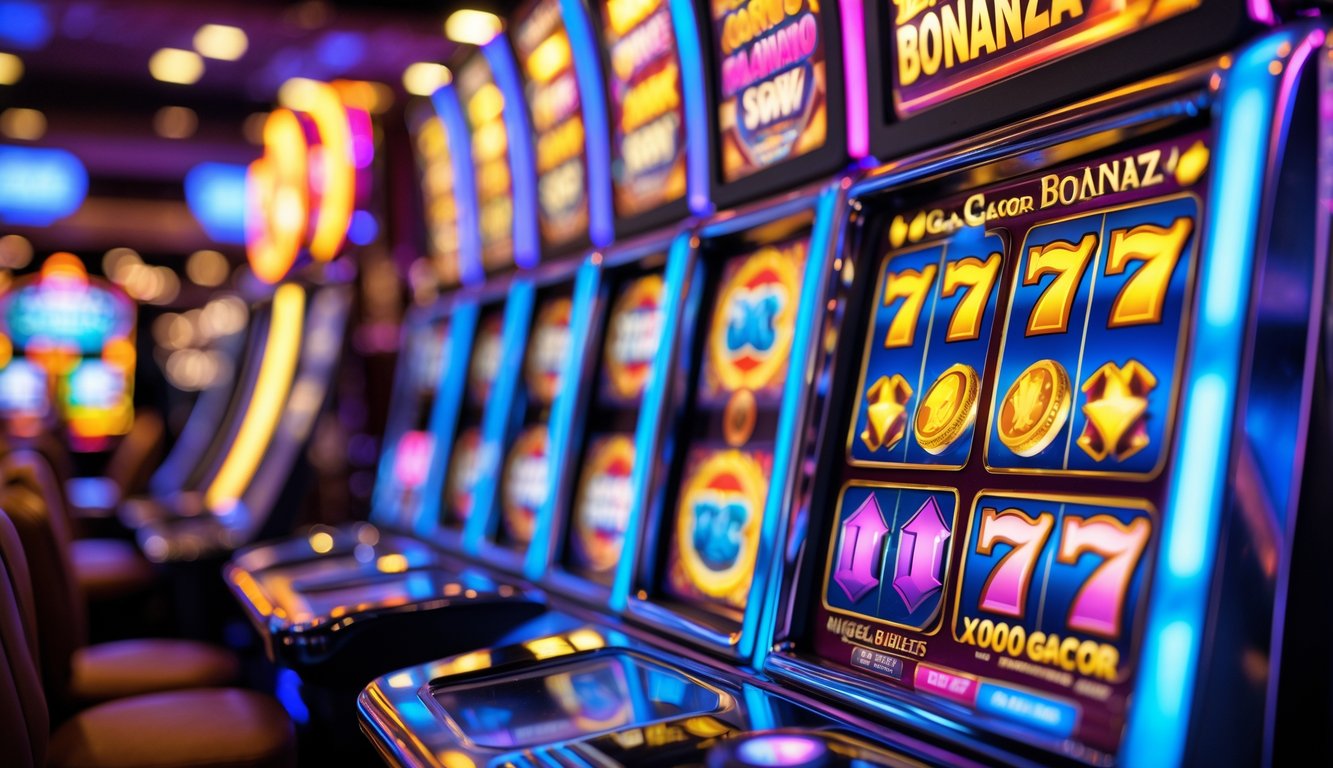 Mesin slot kasino berwarna cerah dengan lampu berkedip dan gulungan yang berputar cepat, menunjukkan simbol koin emas dan permata.