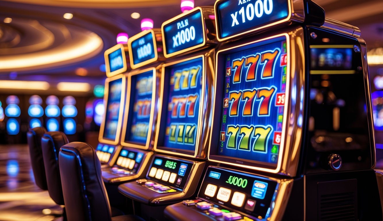 Mesin slot modern dengan lampu warna-warni di dalam kasino yang elegan.