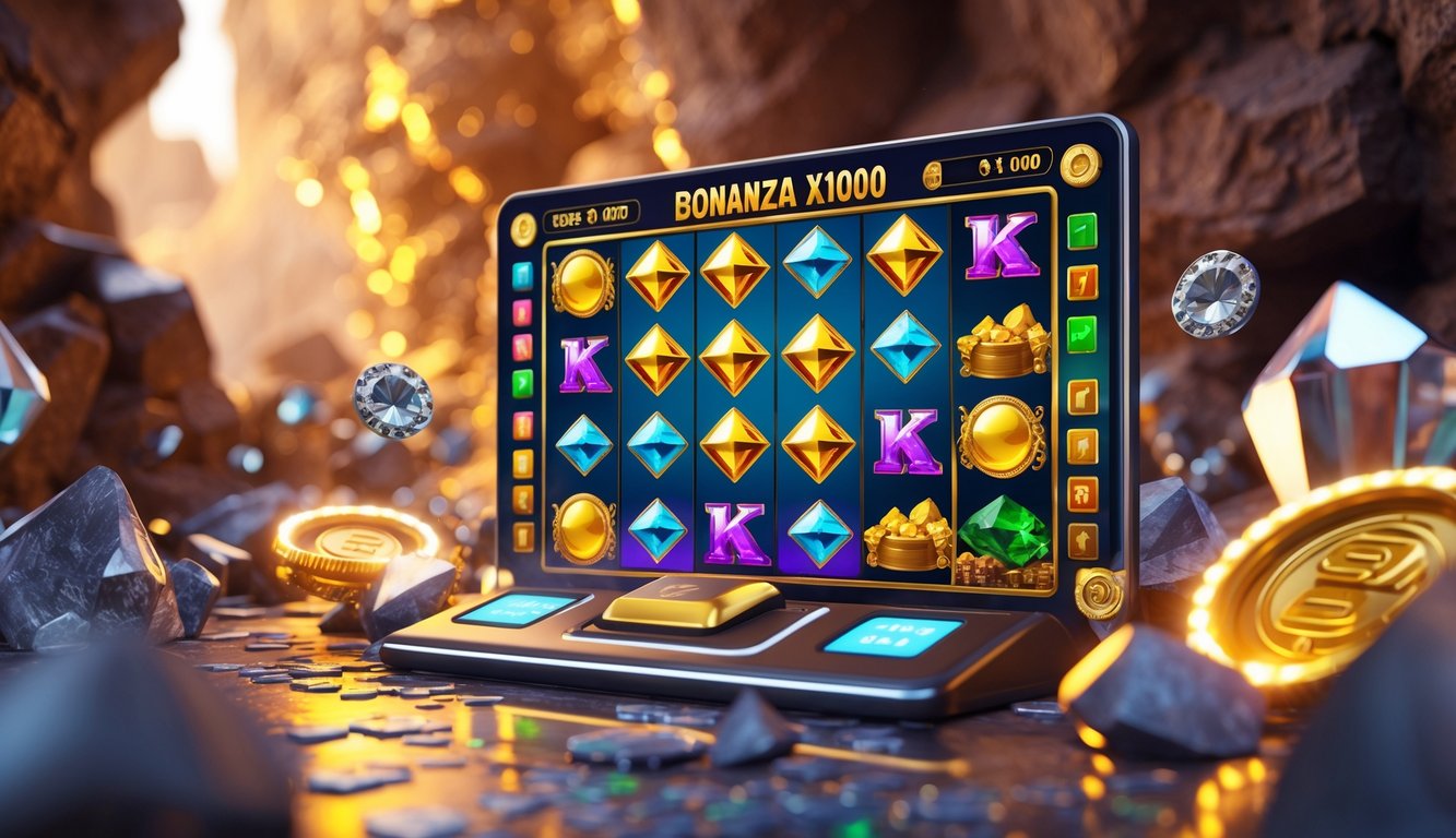 Tampilan mesin slot online dengan simbol koin emas dan berlian di latar gua tambang yang bercahaya.